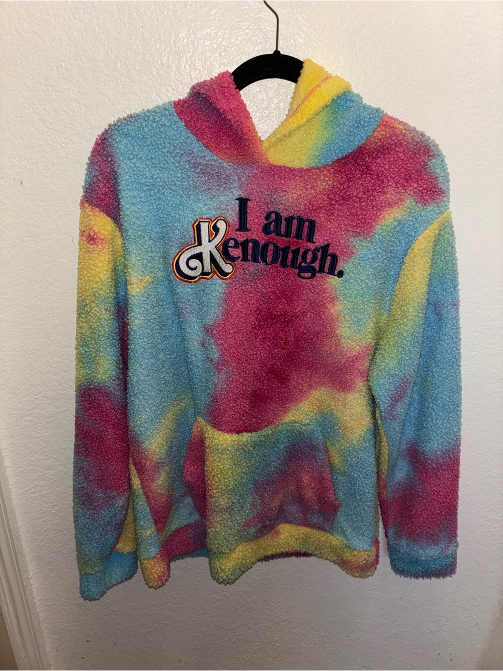 Official Barbie Mattel Tie-Dye Blue Pink Yello I am Kenough Fluffy Fleece Hoodie